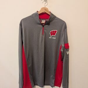 Wisconsin University Long Sleeve Gray & Red Logo Quarter-Zip Pullover Large